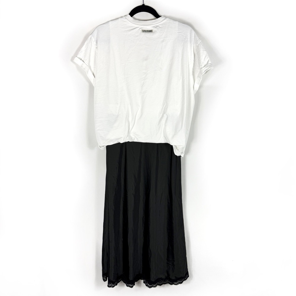 Love Stories Ann T-Shirt Dress Satin Lace Midi White Black Women Sz M - Picture 14 of 16
